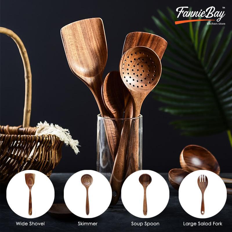 Wooden Kitchen Cooking Utensils Set, NAYAHOSE 7 Pcs Natural Teak Wooden  Spoons and Spatulas for Non-stick Pan