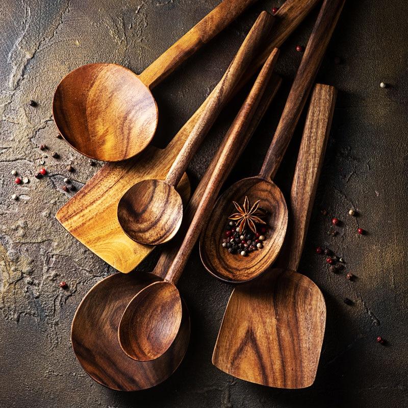 Teak Wooden Utensil Set, 7 piece cooking utensil set